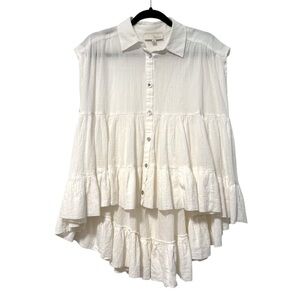 Pinch Tierred Button Up Sleeveless Hi Lo Hem Collared Blouse White Size Small‎